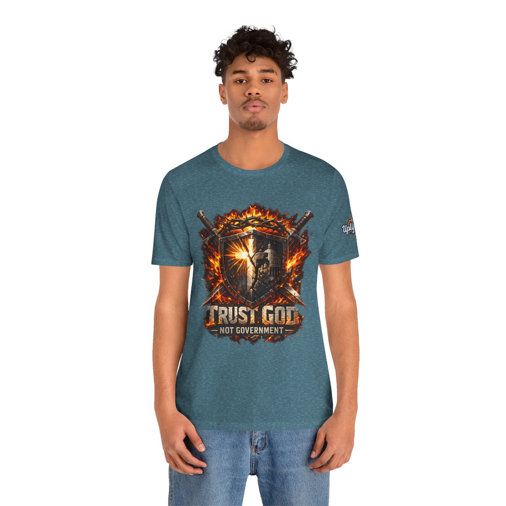 Trust God Not Government Shield Tee — Patriotic Christian Faith T-Shirt Printify
