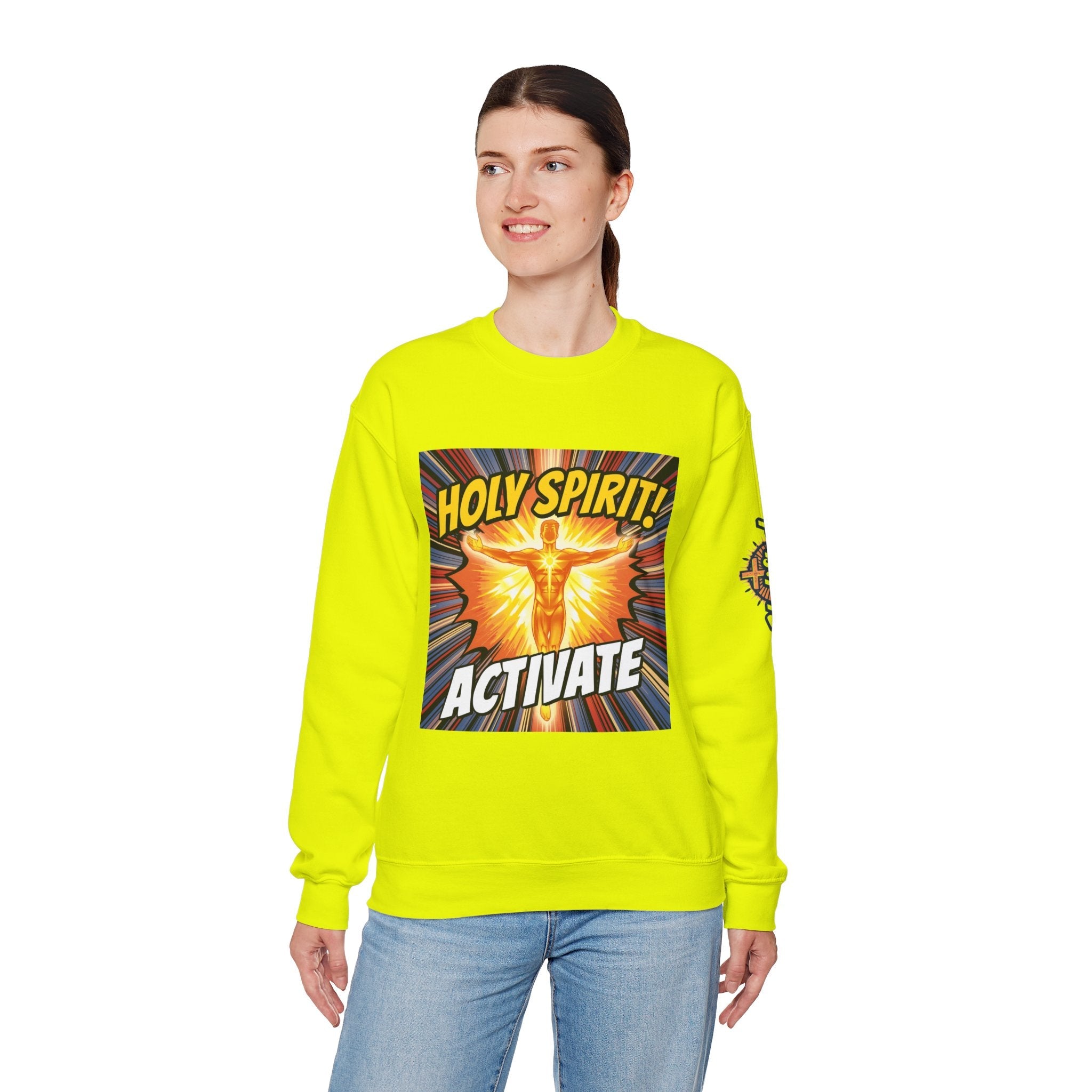 Holy Spirit Activate Sweatshirt – Superhero Christian Sweatshirt with Vibrant Power-Up Design for Faith-Fueled Boldness Printify