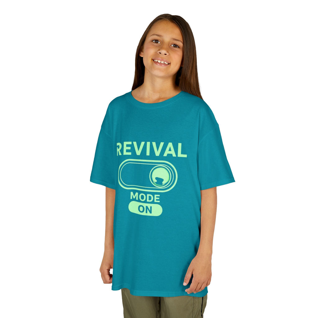 🔥 Revival Mode: ON – Christian Techwear Kids T-Shirt | Glowing Green Faith Switch | Futuristic Jesus Shirt | Activate Your Spiritual Awakening | Uplifted Gear Printify