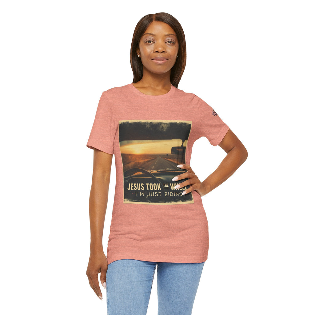 Jesus Took the Wheel I'm Just Riding T-shirt – Funny Christian Convertible Car T-shirt for Surrendered Faith & Humor Printify