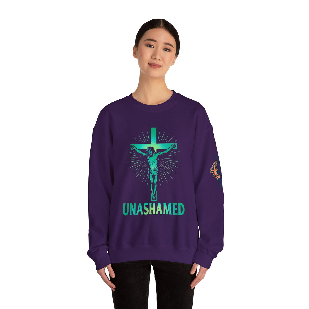 Unashamed Sweatshirt – Romans 1:16 Crucifixion Christian Sweatshirt for Bold Unwavering Faith Printify