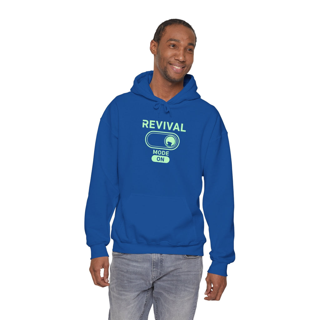 🔥 Revival Mode: ON – Christian Techwear Hoodie | Glowing Green Faith Switch | Futuristic Jesus Shirt | Activate Your Spiritual Awakening | Uplifted Gear Printify