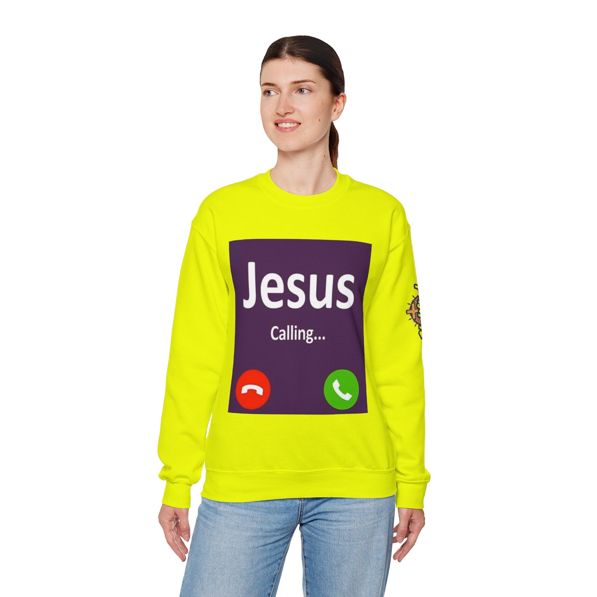 Jesus Calling Sweatshirt – Funny Cell Phone Screen Christian Sweatshirt for Divine Connection & Faith Humor Printify