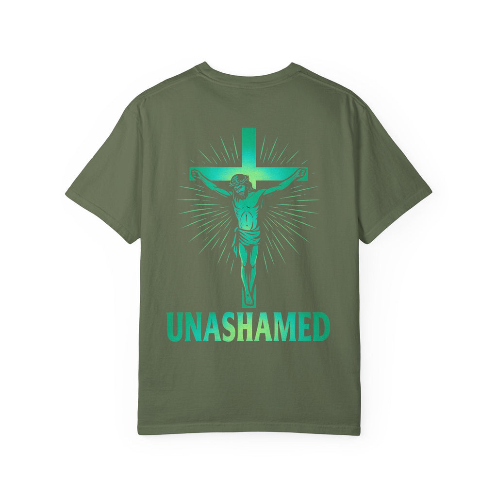 Unashamed T-shirt – Romans 1:16 Crucifixion Christian t-shirt for Bold Unwavering Faith Printify