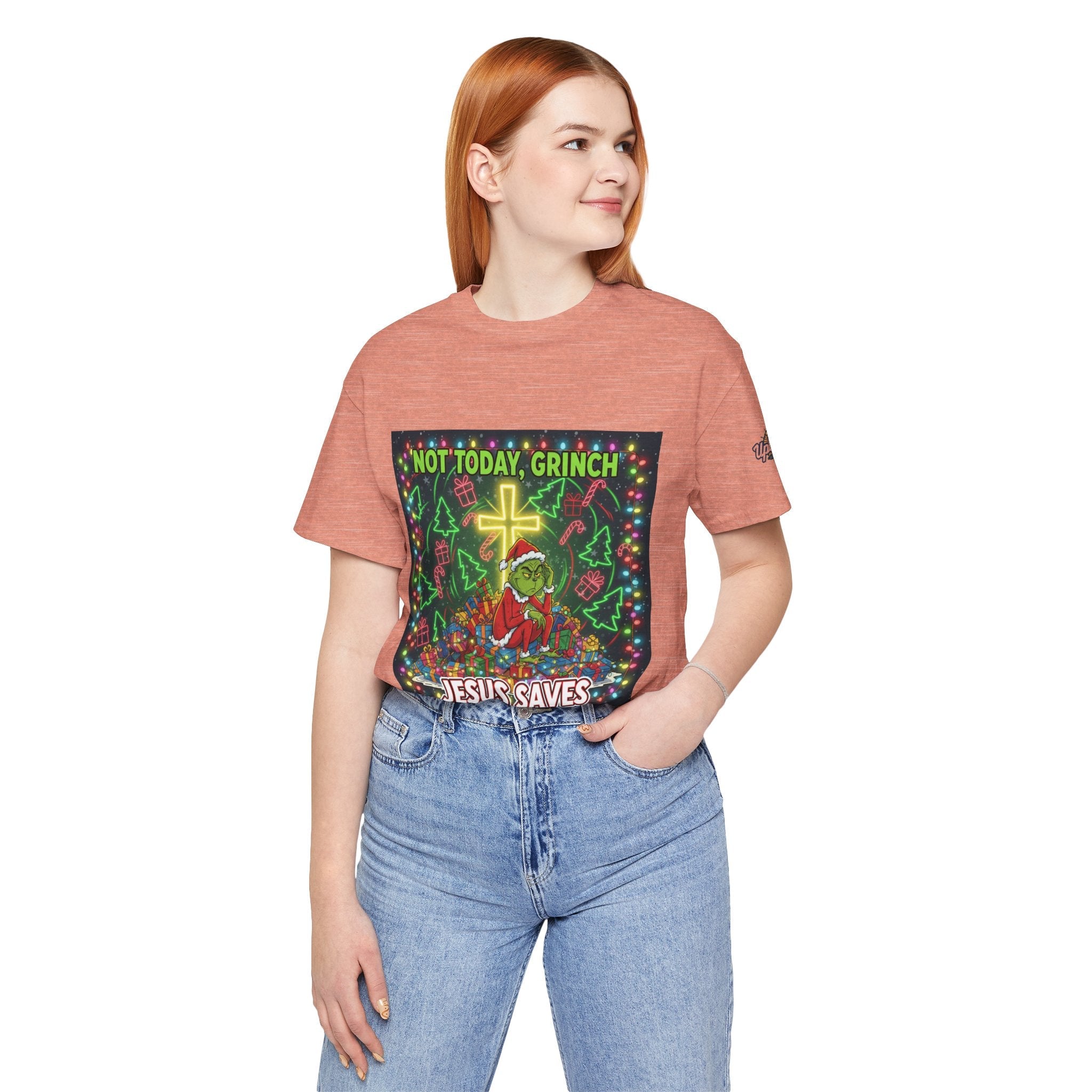 🎄 Not Today, Grinch – Jesus Saves | Funny Christian Christmas T-Shirt | Festive Green & Red Cartoon Style | Bold Faith Holiday Tee by Uplifted Gear Printify