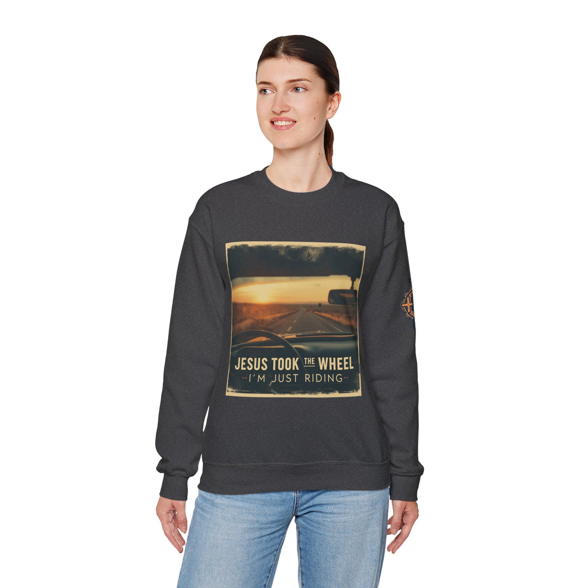 Jesus Took the Wheel I'm Just Riding Sweatshirt – Funny Christian Convertible Car Sweatshirt for Surrendered Faith & Humor