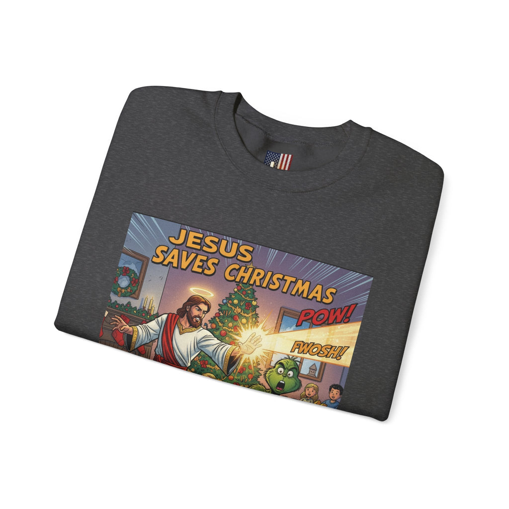 Jesus Saves Christmas Sweatshirt – Grinch vs Savior Light Battle Christian Sweatshirt for Hilarious Holiday Faith & True Joy Printify