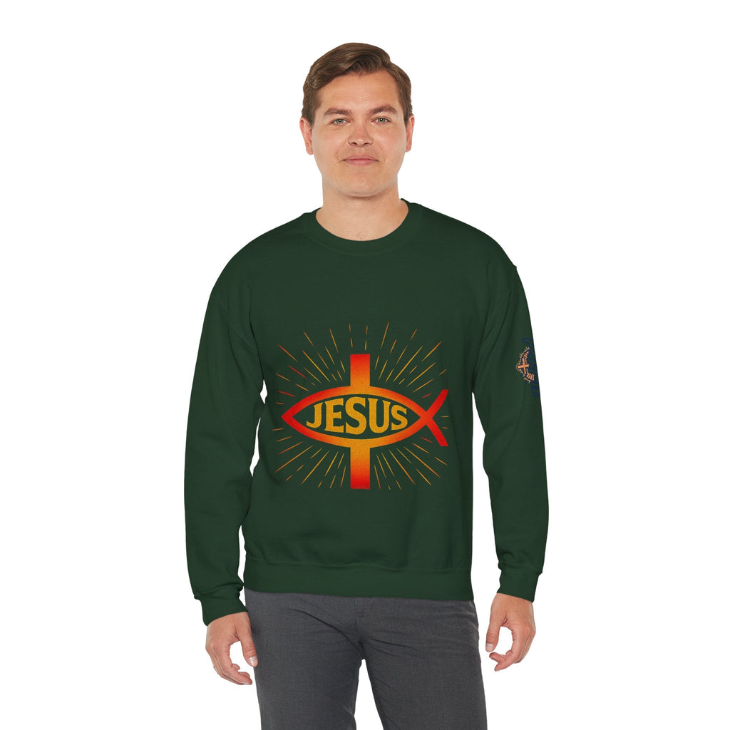 Jesus Ichthys Sweatshirt – Christian Fish Symbol with Cross & Jesus Inscription Sweatshirt for Eternal Faith & Streetwear Printify