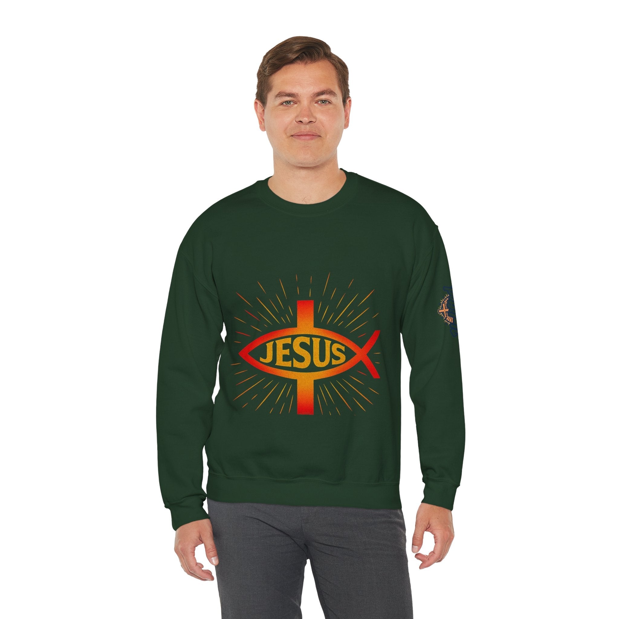 Jesus Ichthys Sweatshirt – Christian Fish Symbol with Cross & Jesus Inscription Sweatshirt for Eternal Faith & Streetwear Printify