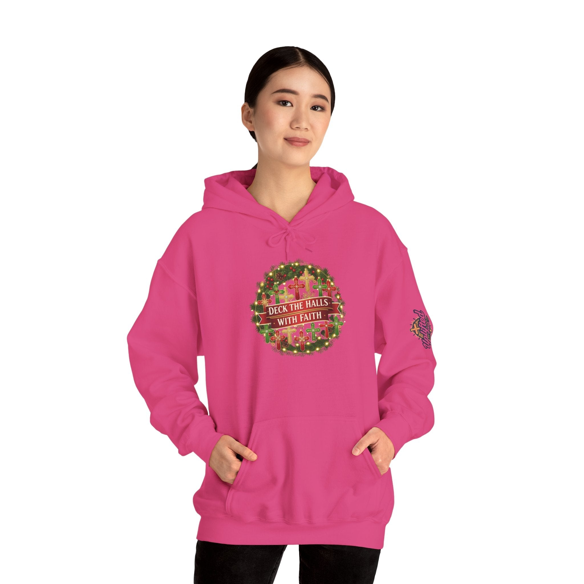 🎄 Deck the Halls with Faith – Christian Christmas Hoodie | Cross Ornament Design & Festive Garland | Bold Holiday Faith Tee by Uplifted Gear Printify