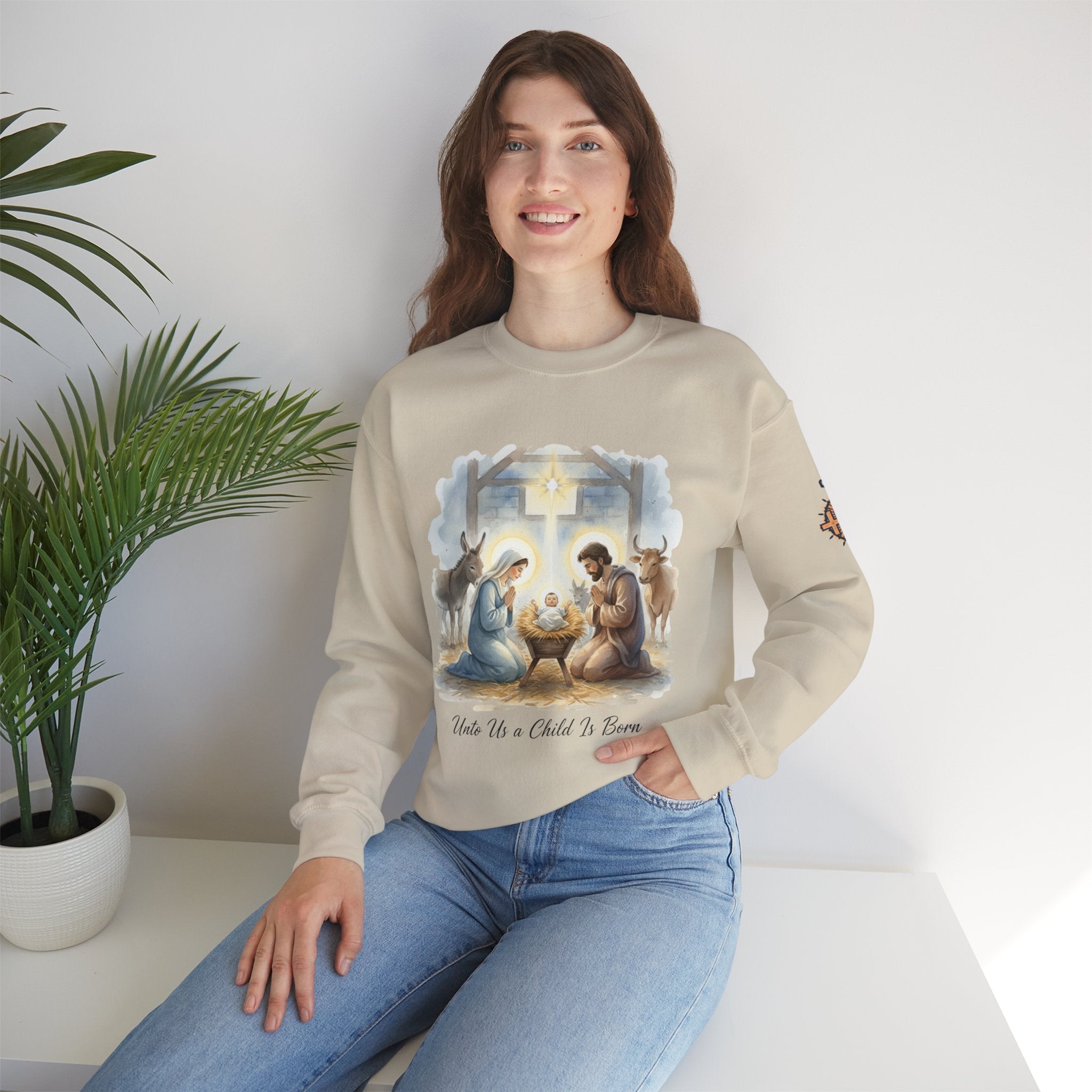 Unto Us a Child is Born Sweatshirt – Isaiah 9:6 Nativity Manger Scene Christian Christmas Sweatshirt for Holy Night Faith Printify
