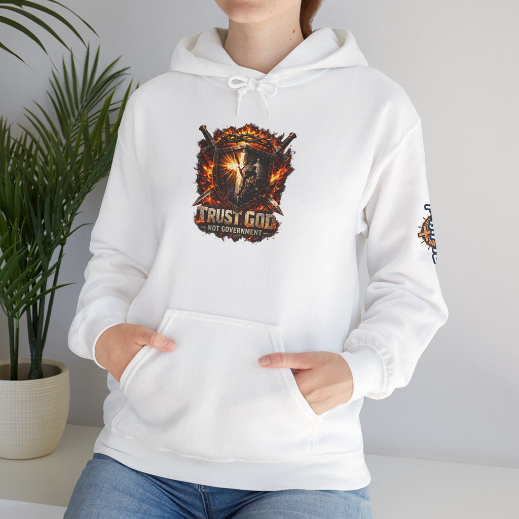 Trust God Not Government Shield Hoodie — Patriotic Christian Faith Hoodie Printify