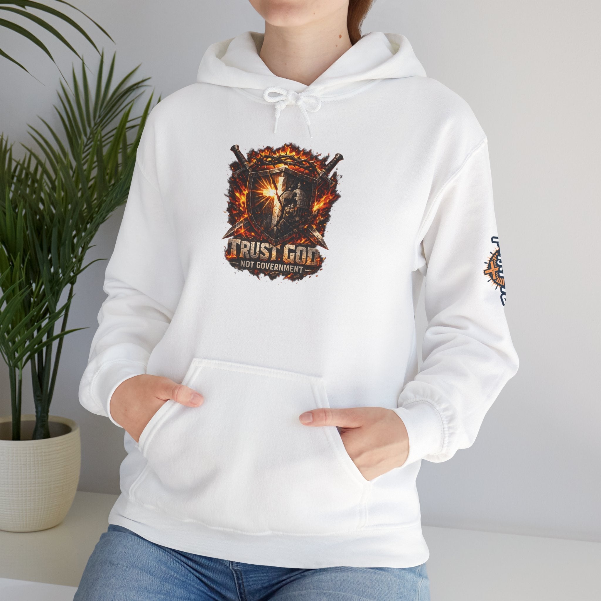 Trust God Not Government Shield Hoodie — Patriotic Christian Faith Hoodie Printify