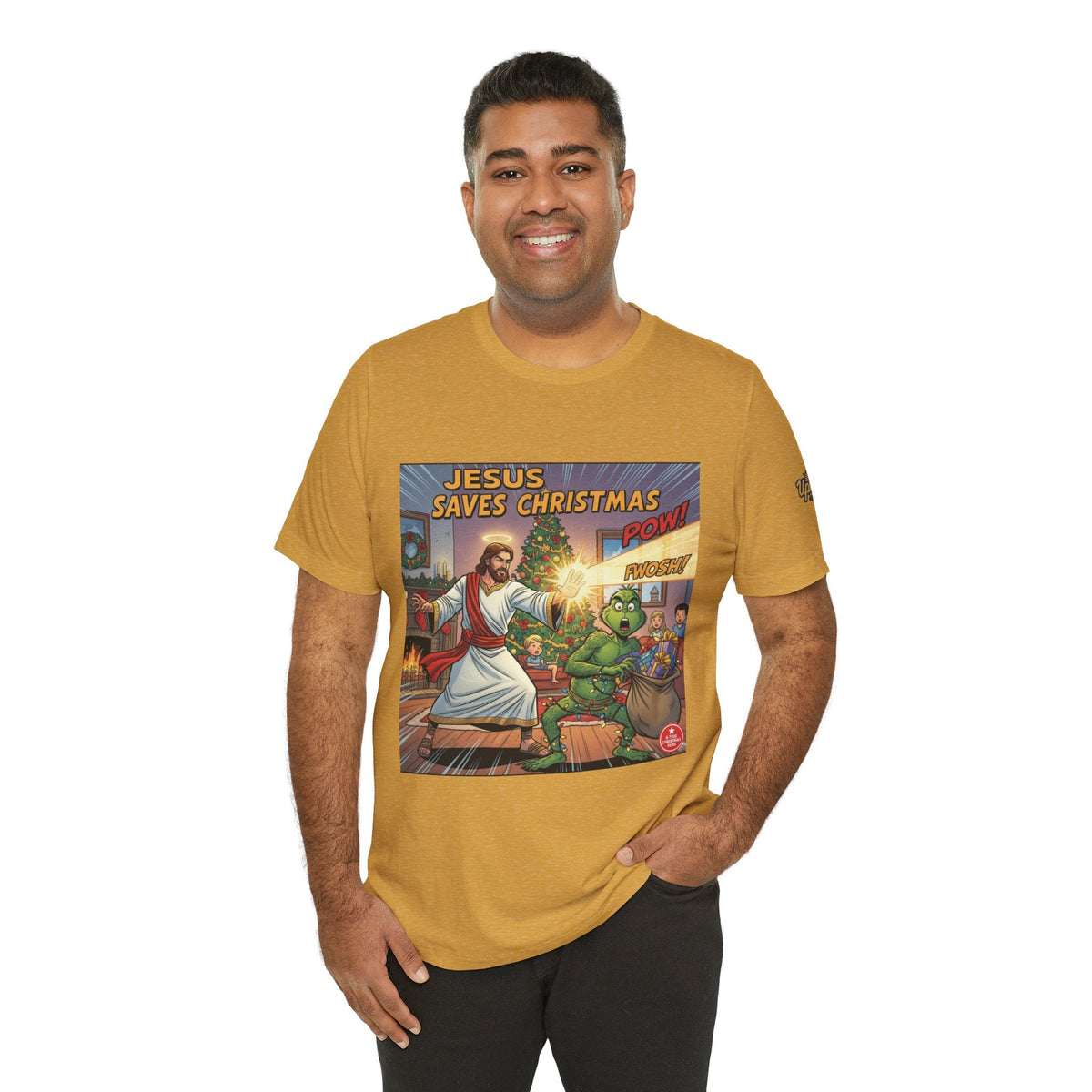 Jesus Saves Christmas T-shirt – Grinch vs Savior Light Battle Christian T-shirt for Hilarious Holiday Faith & True Joy Printify