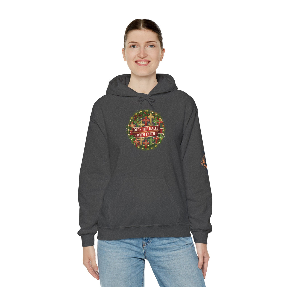 🎄 Deck the Halls with Faith – Christian Christmas Hoodie | Cross Ornament Design & Festive Garland | Bold Holiday Faith Tee by Uplifted Gear Printify