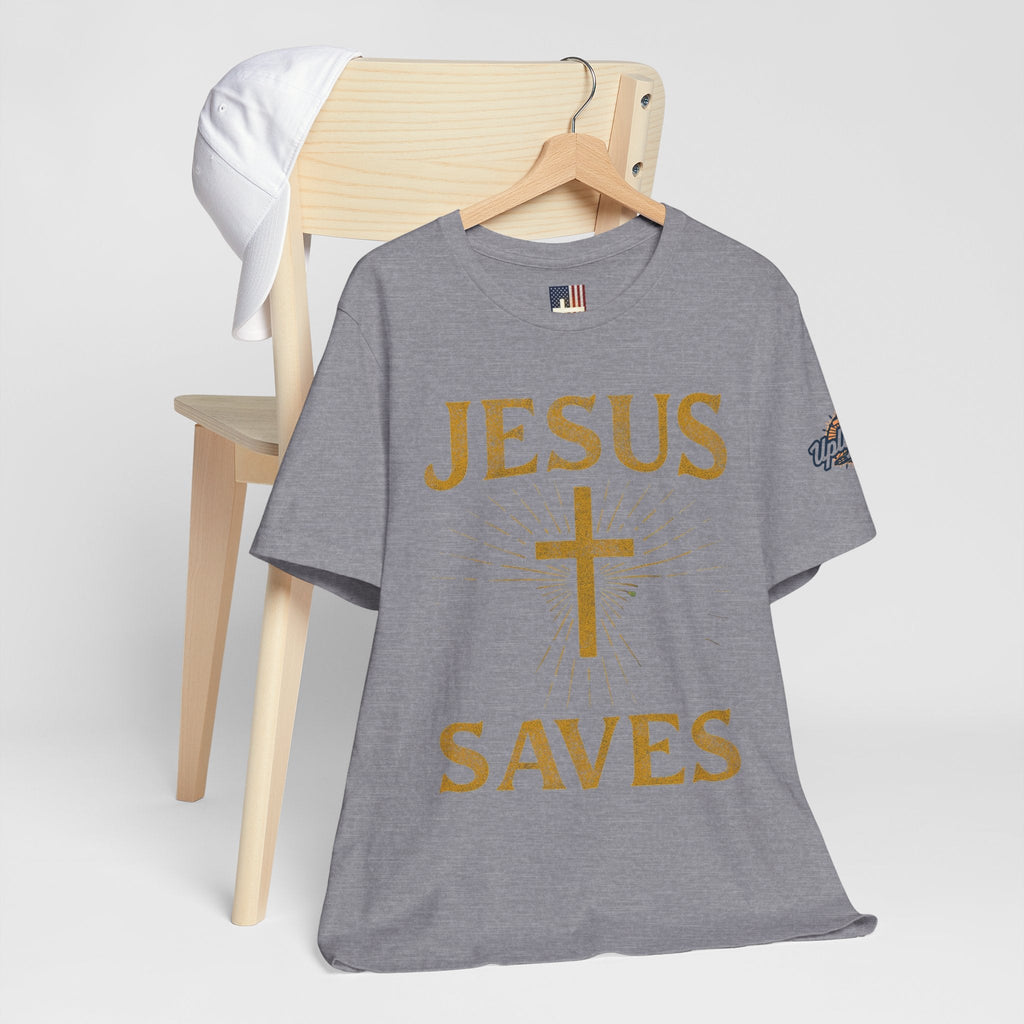 Jesus Saves T-shirt – Radiant Cross & Rays of Light Christian T-shirt for Eternal Hope & Faith Printify