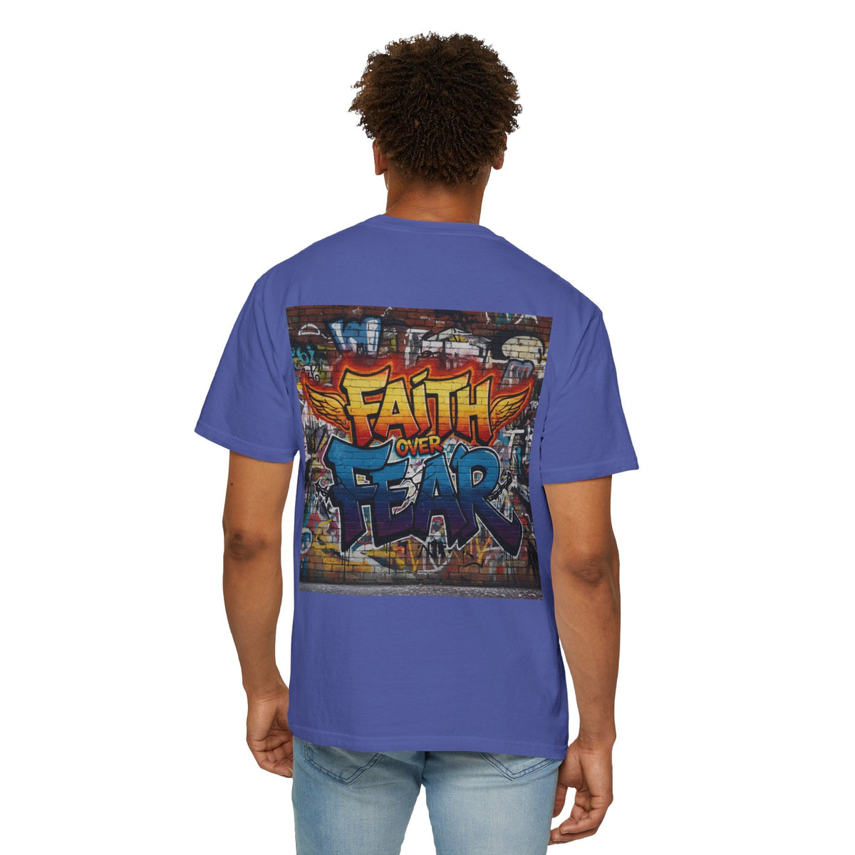Faith Over Fear T-shirt – Graffiti Wall Christian T-shirt for Bold 2 Corinthians 5:7 Streetwear & Unshakable Faith Printify