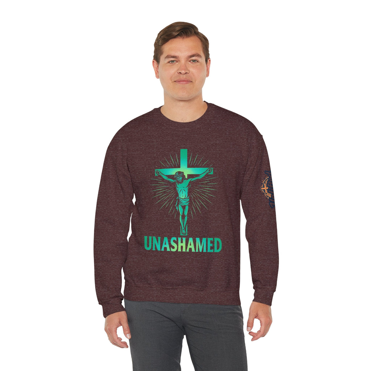 Unashamed Sweatshirt – Romans 1:16 Crucifixion Christian Sweatshirt for Bold Unwavering Faith Printify