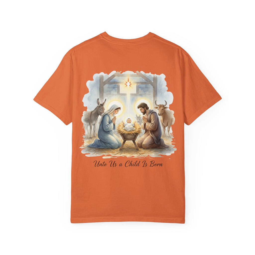 Unto Us a Child is Born T-shirt – Isaiah 9:6 Nativity Manger Scene Christian Christmas T-shirt for Holy Night Faith Printify