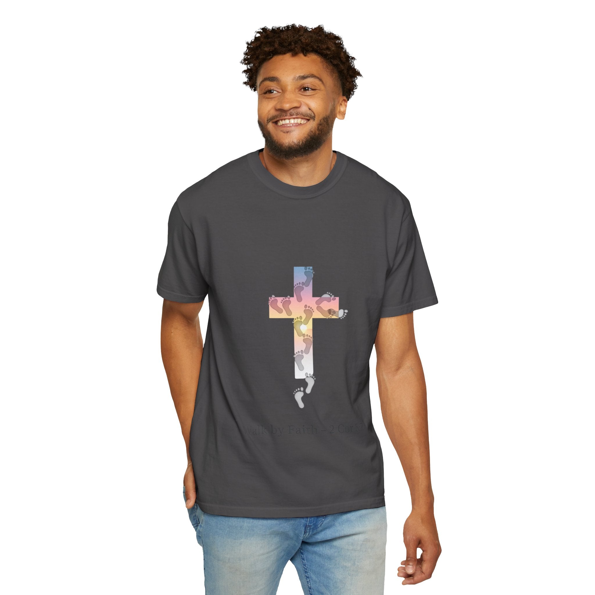 Walk by Faith T-Shirt – Cross & Footprints Christian Tee for Bold Believers Printify