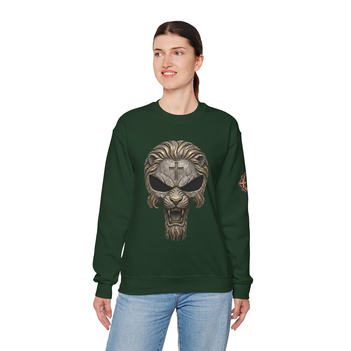 Lion of Judah Skull Christian Sweatshirt - Warrior Faith Cross Sweatshirt Printify
