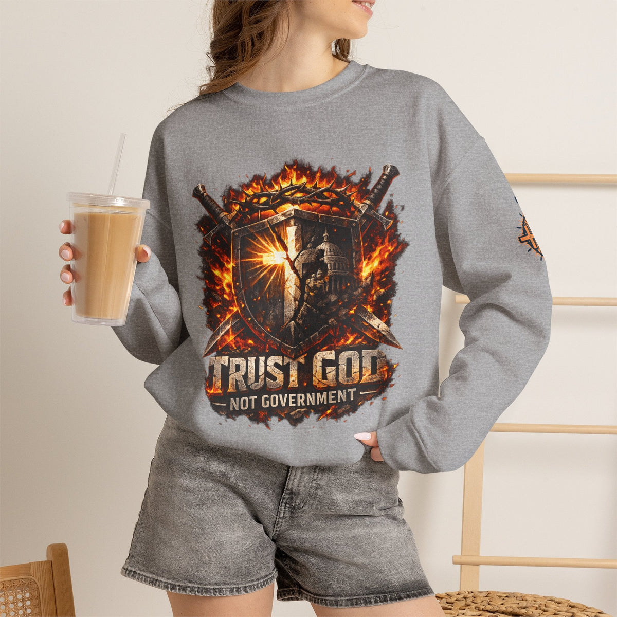 Trust God Not Government Shield Sweatshirt — Patriotic Christian Faith Sweatshirt Printify