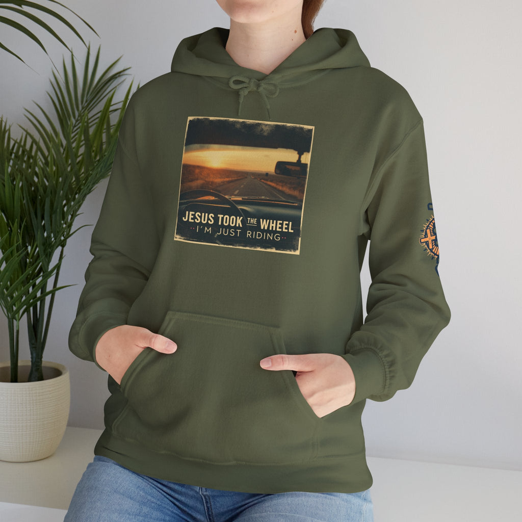 Jesus Took the Wheel I'm Just Riding Hoodie – Funny Christian Convertible Car Sweatshirt for Surrendered Faith & Humor Printify