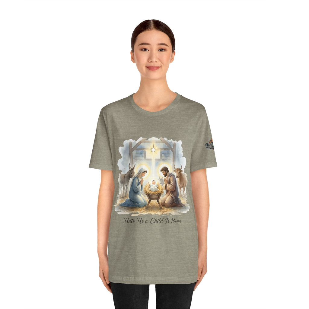 Unto Us a Child is Born T-shirt – Isaiah 9:6 Nativity Manger Scene Christian Christmas T-shirt for Holy Night Faith Printify