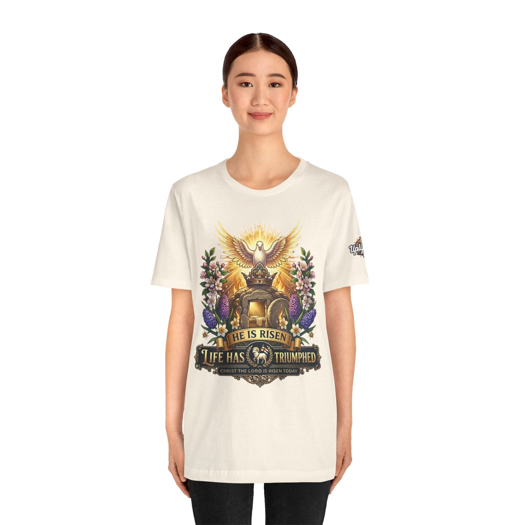 He Is Risen "Life Has Triumphed" T-Shirt — Easter Resurrection Christian Tee Printify