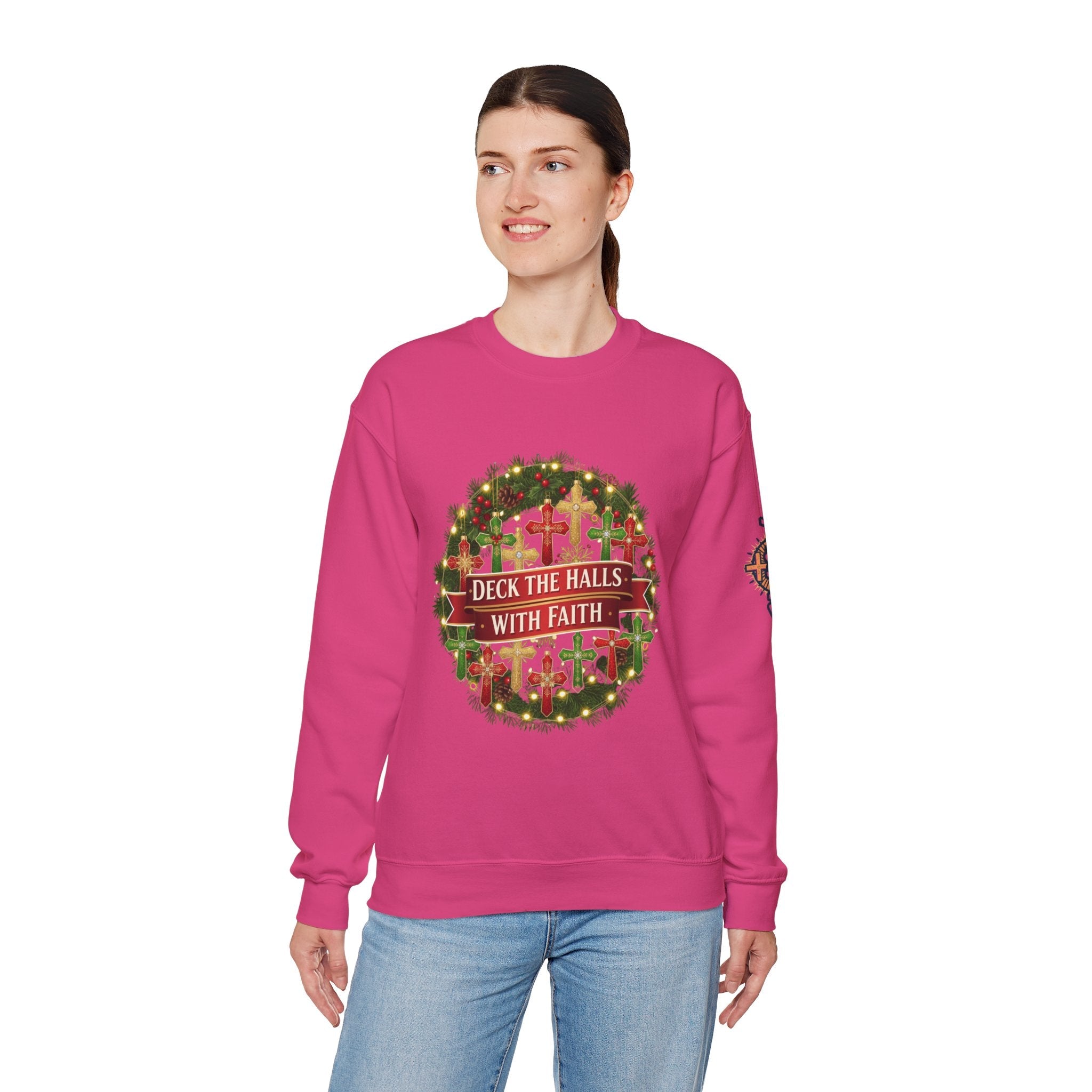 🎄 Deck the Halls with Faith – Christian Christmas Sweatshirt | Cross Ornament Design & Festive Garland | Bold Holiday Faith Tee by Uplifted Gear Printify