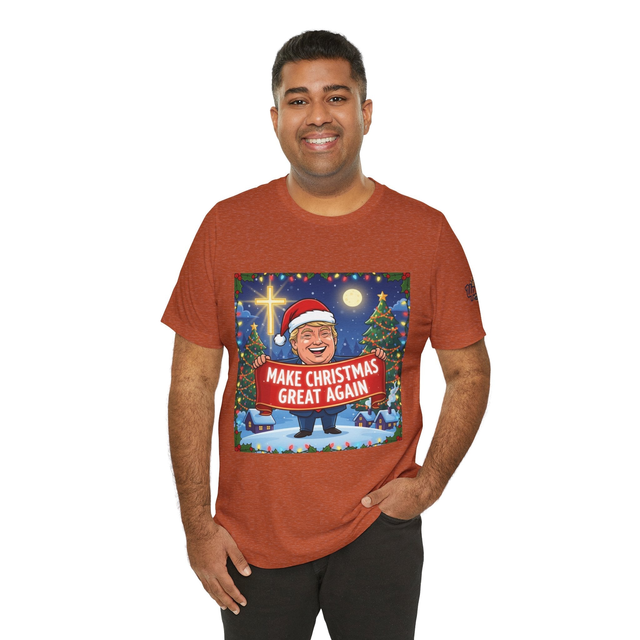 🎄 Make Christmas Great Again – Patriotic Christian Christmas T-Shirt | Bold Holiday Faith Tee | Red & White Banner Design | Uplifted Gear Printify