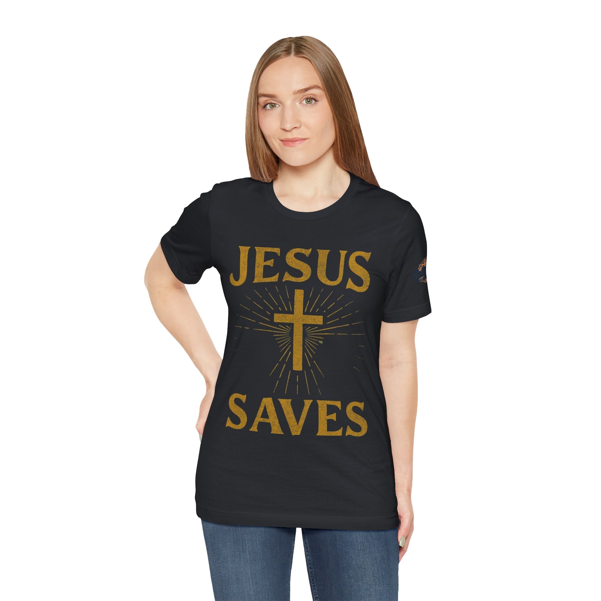 Jesus Saves T-shirt – Radiant Cross & Rays of Light Christian T-shirt for Eternal Hope & Faith Printify