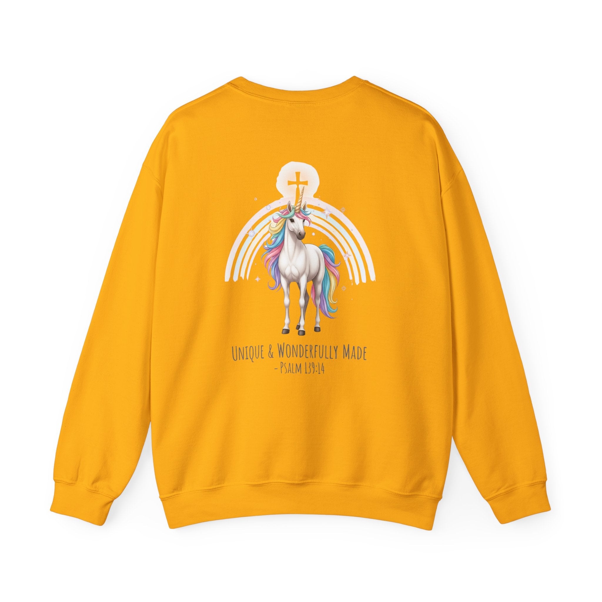 Unique Unicorn Sweatshirt – Rainbow Cross Psalm 139:14 Christian Sweatshirt for Wonderfully Made Printify