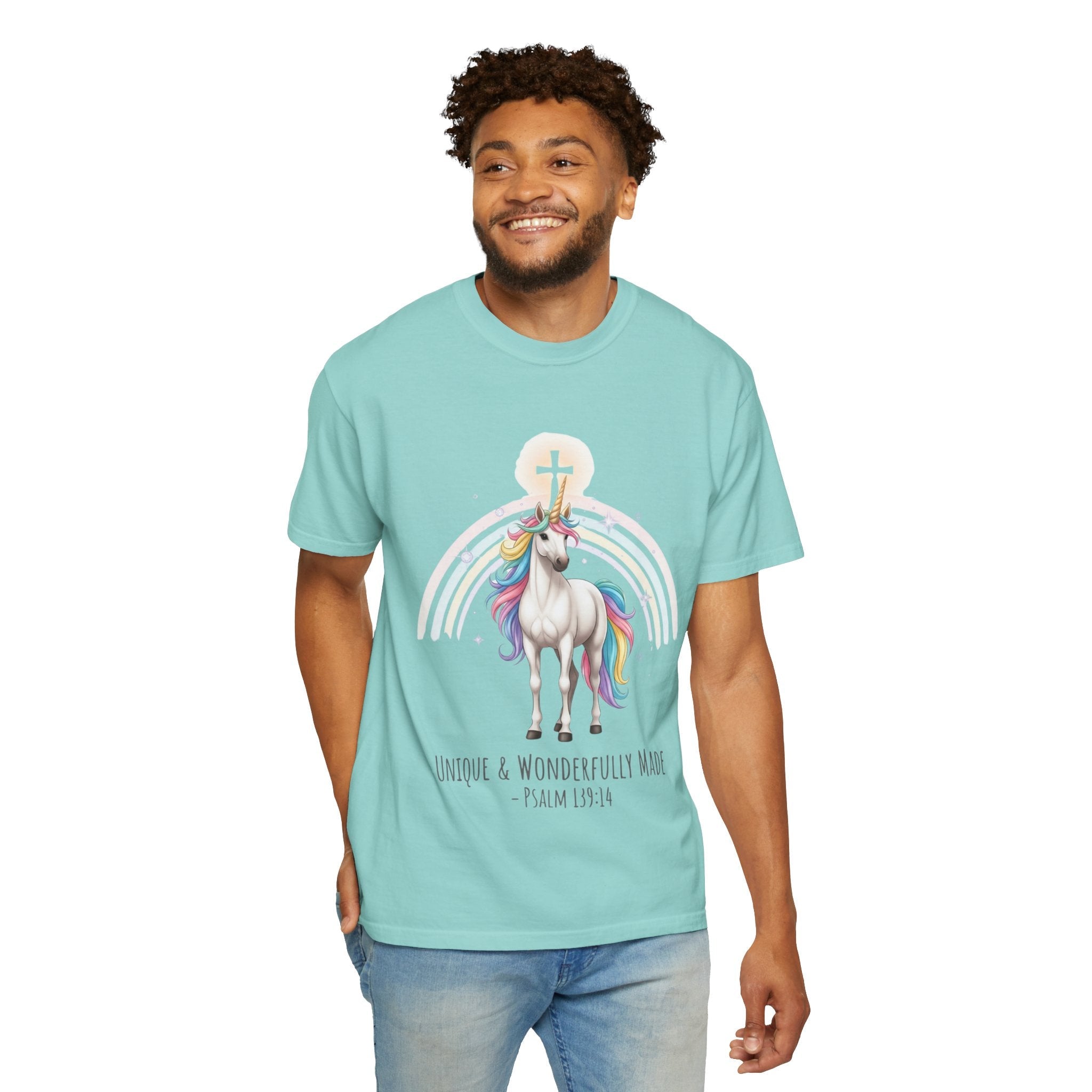 Unique Unicorn Christian T-Shirt – Wonderfully Made with Rainbow Cross & Psalm 139:14 Printify