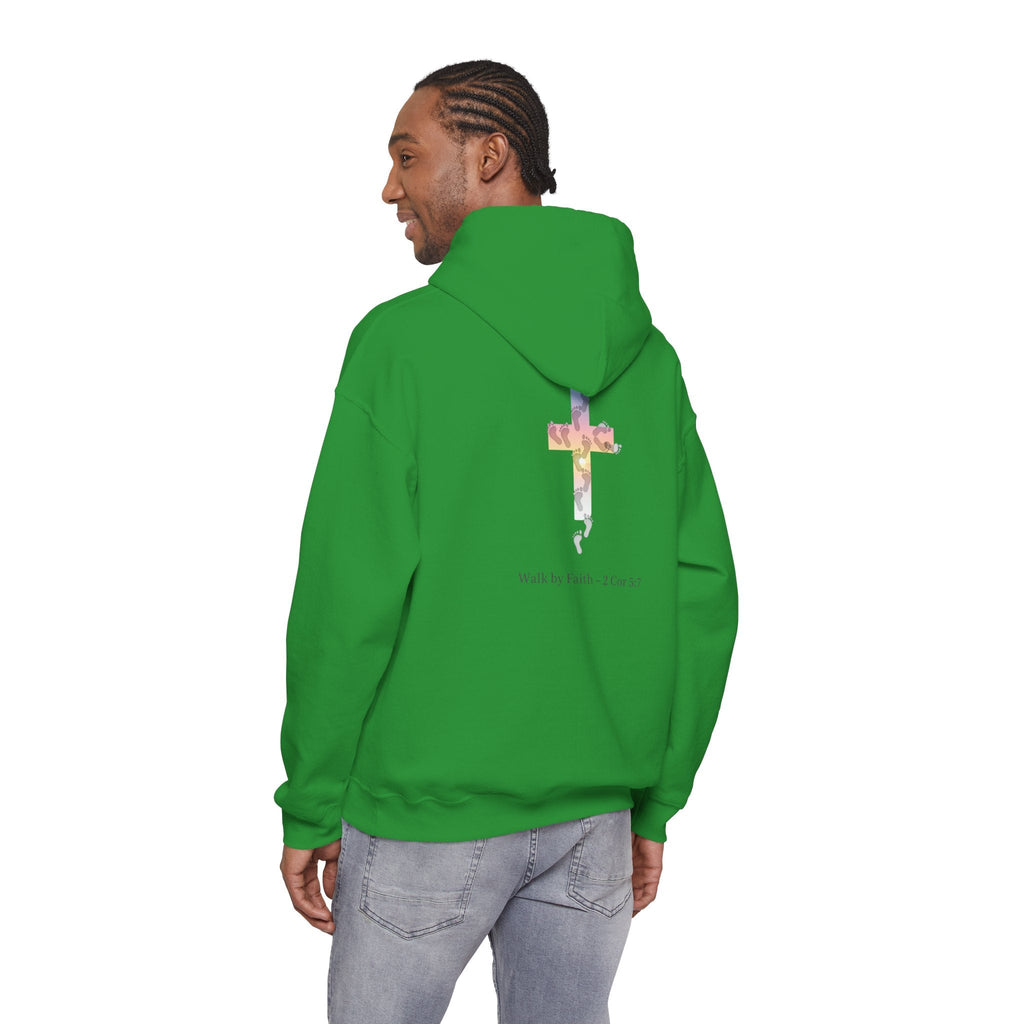 Walk by Faith Hoodie – Cross & Footprints Christian Hoodie for Cozy Inspiration Printify