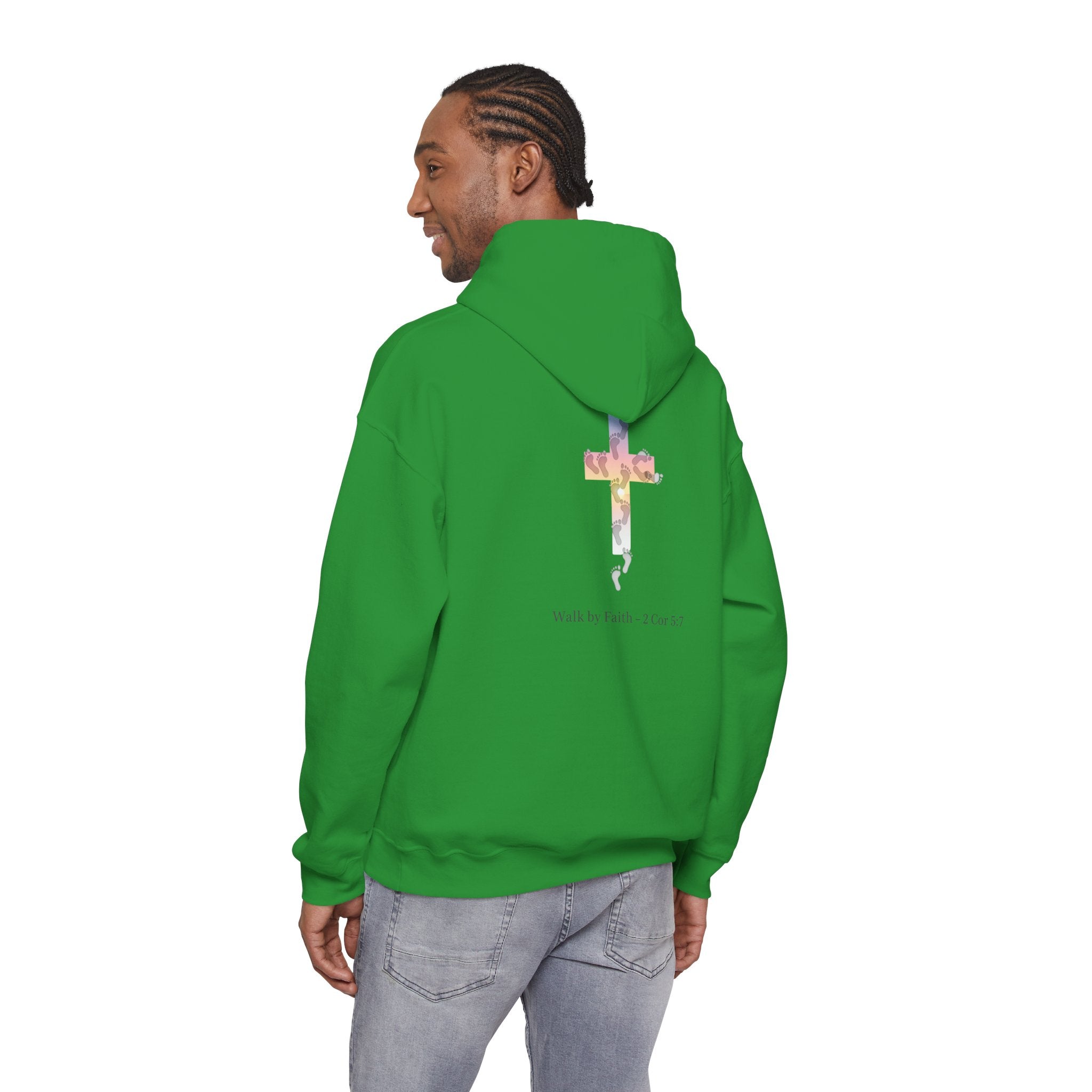 Walk by Faith Hoodie – Cross & Footprints Christian Hoodie for Cozy Inspiration Printify
