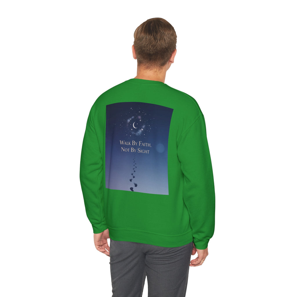Walk by Faith, Not by Sight Sweatshirt – Moonlit Footprints Christian Sweatshirt for Cozy Nights Printify