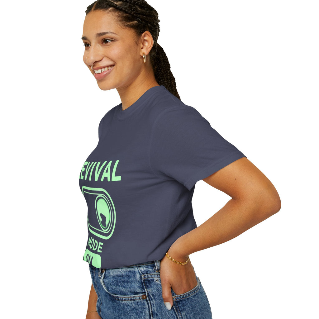 🔥 Revival Mode: ON – Christian Techwear T-Shirt | Glowing Green Faith Switch | Futuristic Jesus Shirt | Activate Your Spiritual Awakening | Uplifted Gear Printify