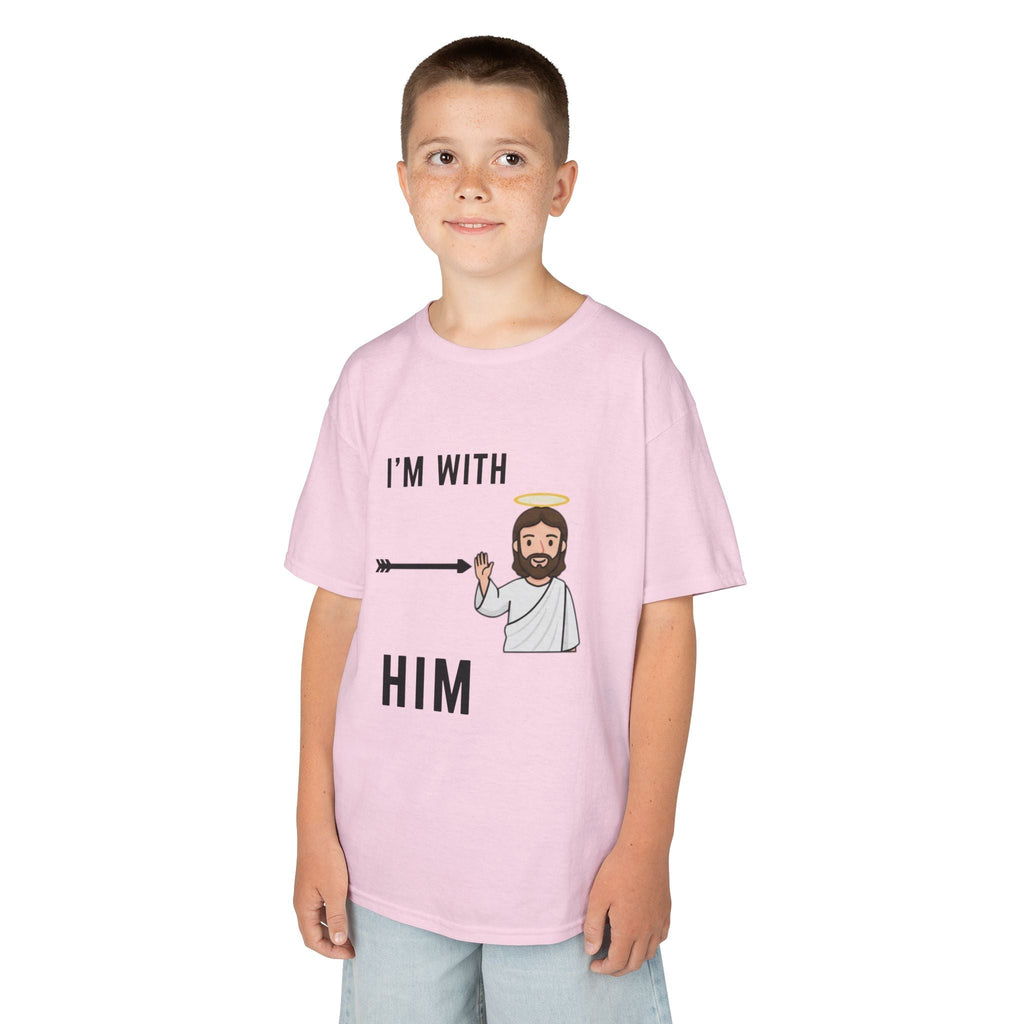 🔥 I’m With Him → Christian Kids T-Shirt | Arrow Pointing to Jesus | Minimalist Faith Tee | Subtle Cross Design | Bible-Inspired Apparel by Uplifted Gear Printify