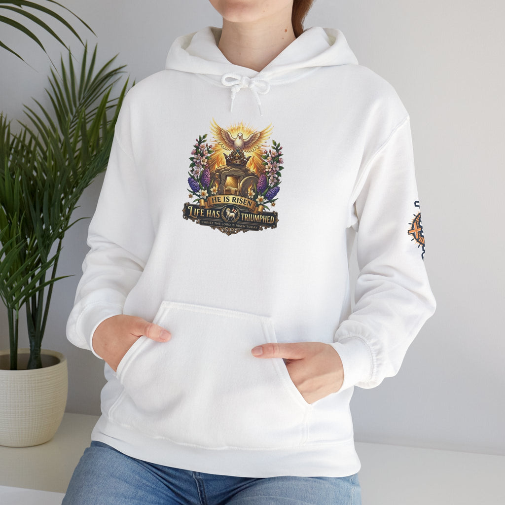 He Is Risen "Life Has Triumphed" Hoodie — Easter Resurrection Christian Hoodie Printify