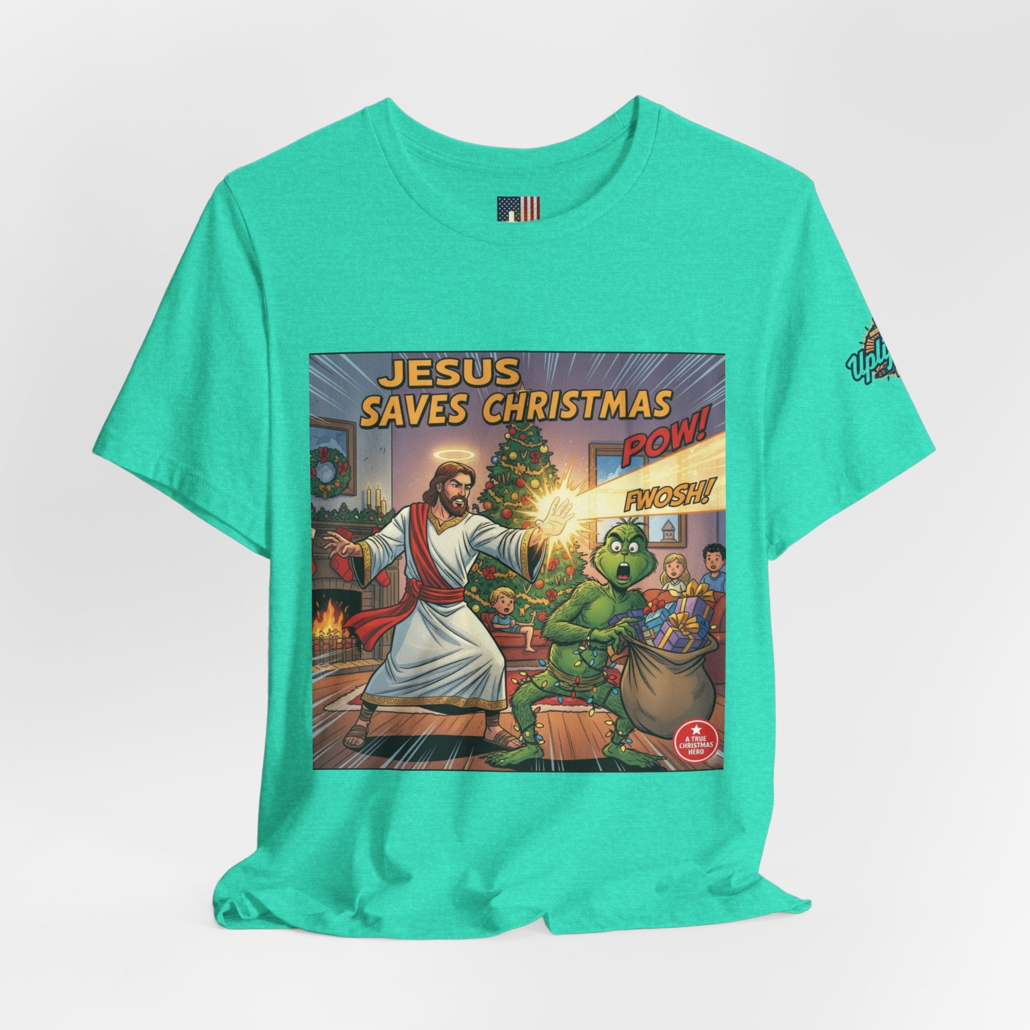 Jesus Saves Christmas T-shirt – Grinch vs Savior Light Battle Christian T-shirt for Hilarious Holiday Faith & True Joy Printify