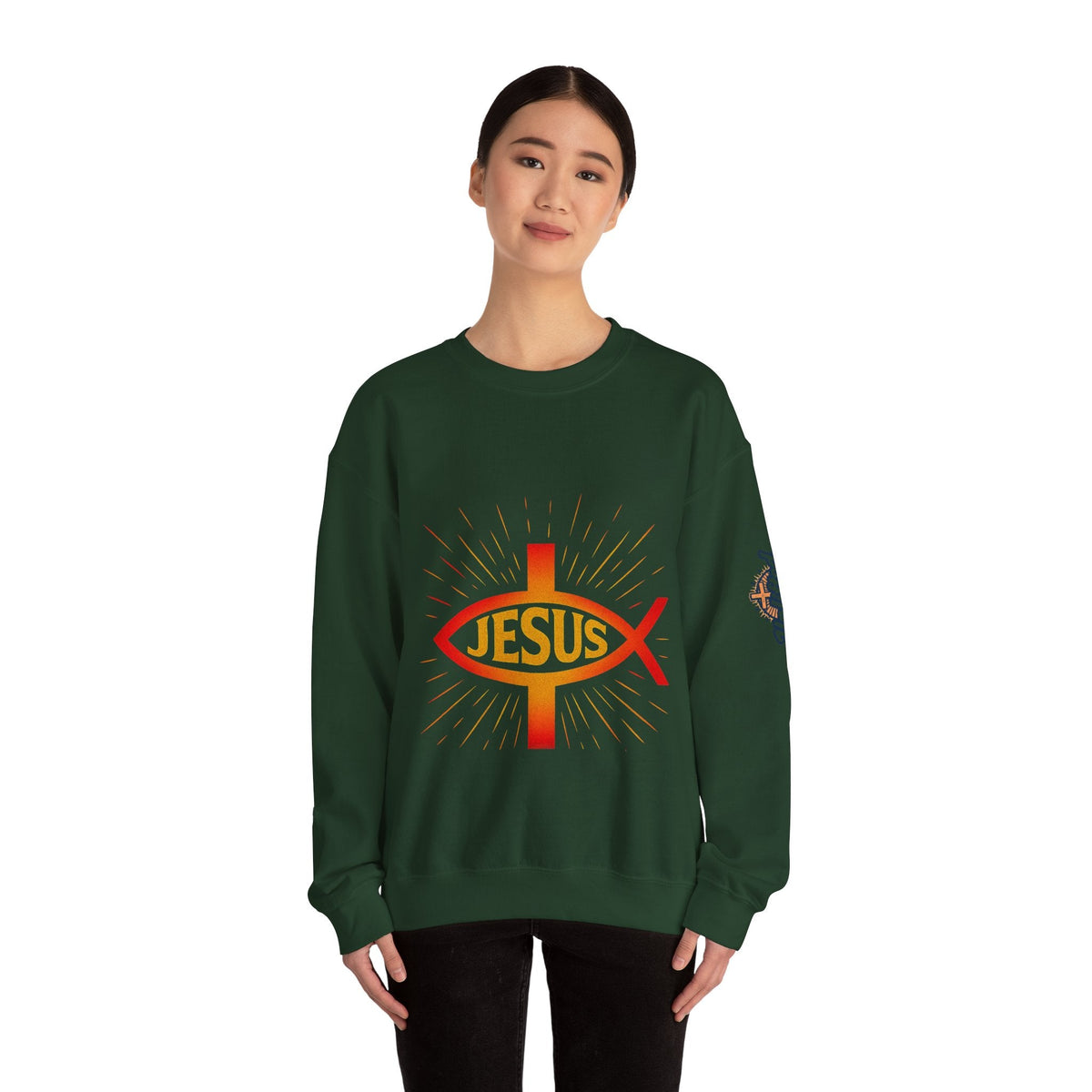 Jesus Ichthys Sweatshirt – Christian Fish Symbol with Cross & Jesus Inscription Sweatshirt for Eternal Faith & Streetwear Printify