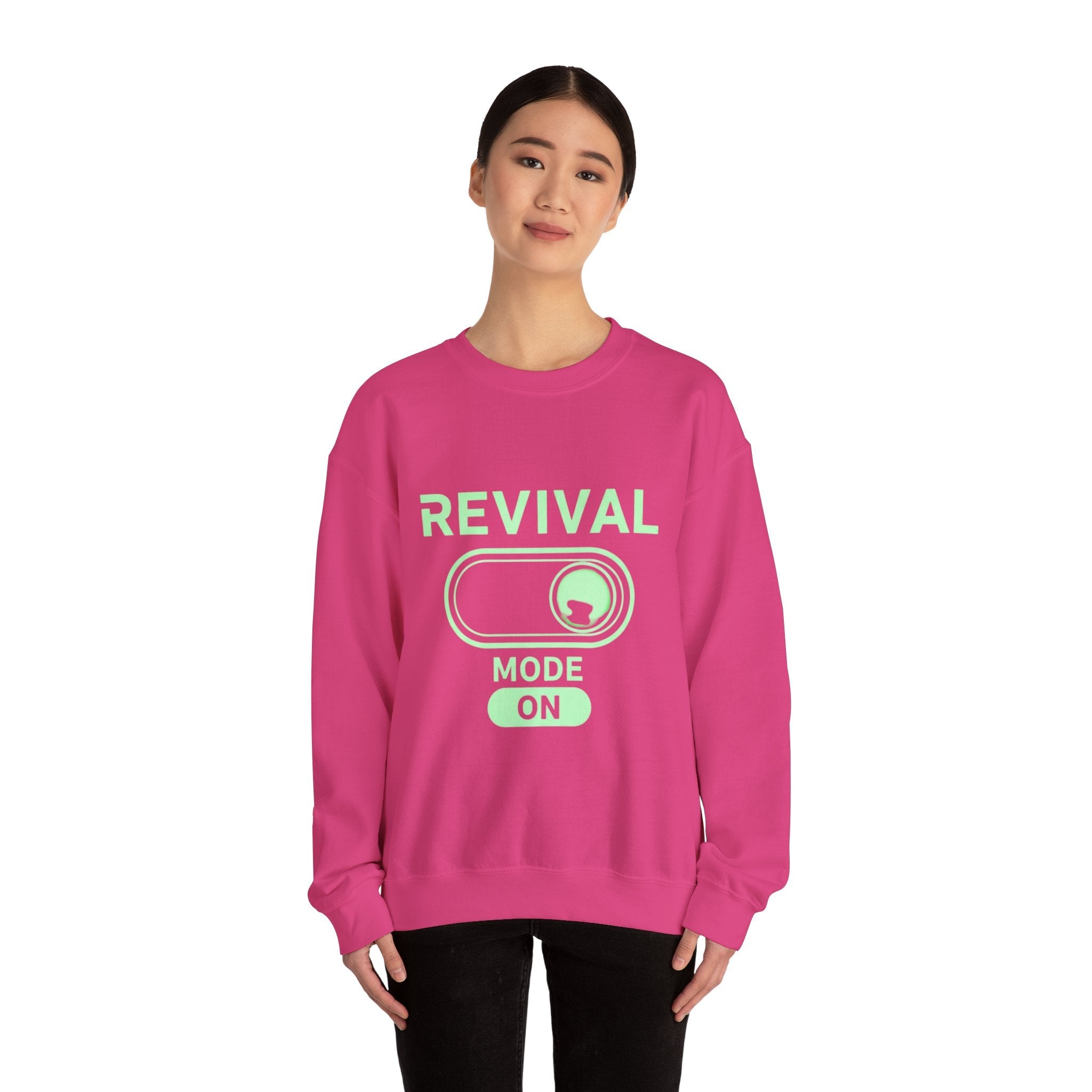 🔥 Revival Mode: ON – Christian Techwear Sweatshirt | Glowing Green Faith Switch | Futuristic Jesus Shirt | Activate Your Spiritual Awakening | Uplifted Gear Printify