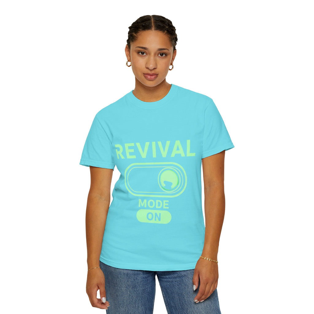 🔥 Revival Mode: ON – Christian Techwear T-Shirt | Glowing Green Faith Switch | Futuristic Jesus Shirt | Activate Your Spiritual Awakening | Uplifted Gear Printify