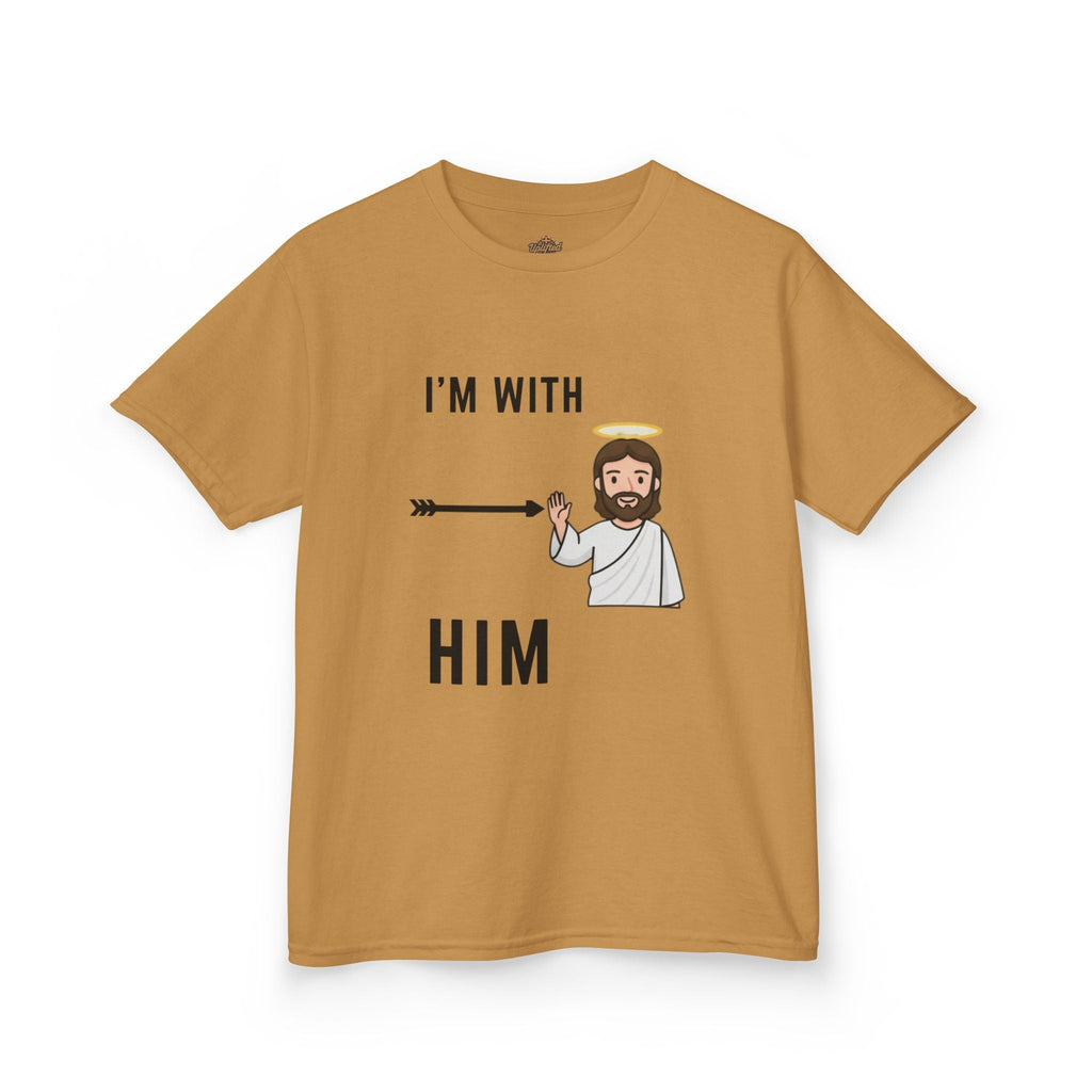 🔥 I’m With Him → Christian Kids T-Shirt | Arrow Pointing to Jesus | Minimalist Faith Tee | Subtle Cross Design | Bible-Inspired Apparel by Uplifted Gear Printify
