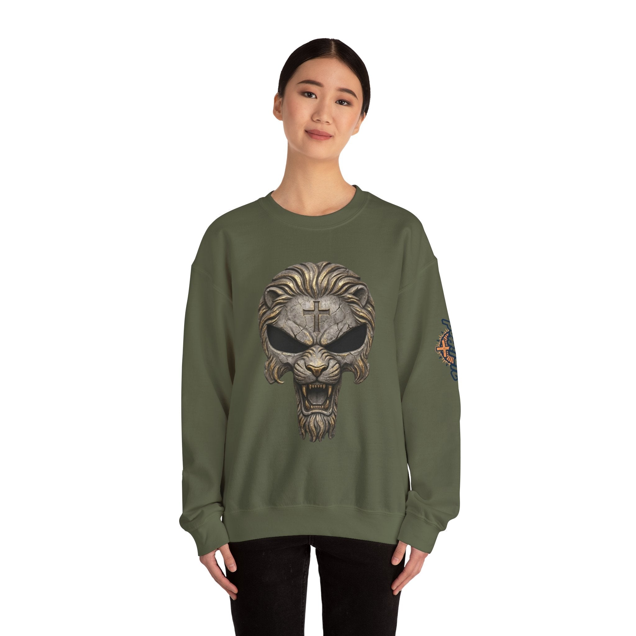 Lion of Judah Skull Christian Sweatshirt - Warrior Faith Cross Sweatshirt Printify
