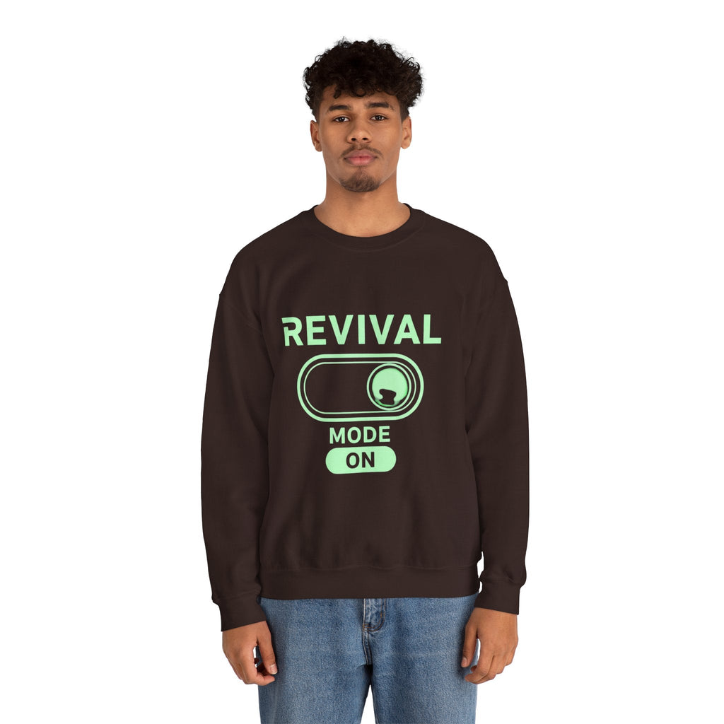 🔥 Revival Mode: ON – Christian Techwear Sweatshirt | Glowing Green Faith Switch | Futuristic Jesus Shirt | Activate Your Spiritual Awakening | Uplifted Gear Printify