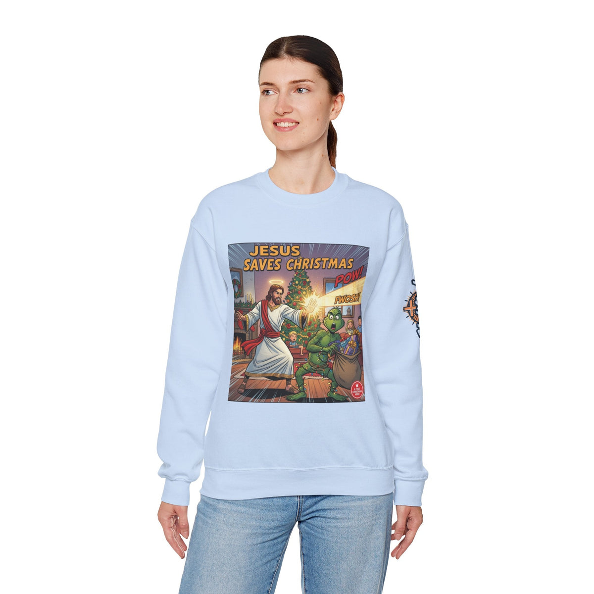 Jesus Saves Christmas Sweatshirt – Grinch vs Savior Light Battle Christian Sweatshirt for Hilarious Holiday Faith & True Joy Printify