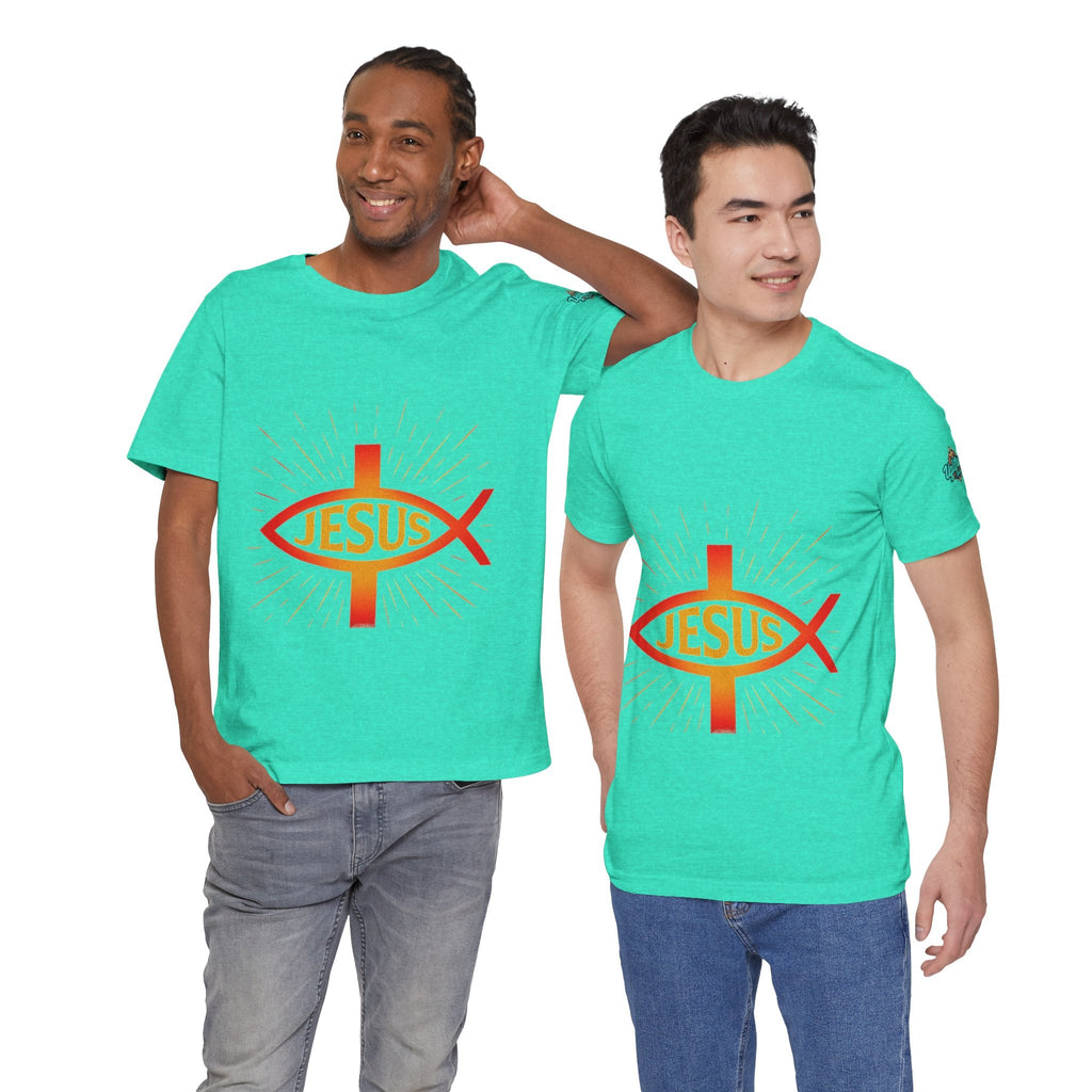 Jesus Ichthys T-shirt – Christian Fish Symbol with Cross & Jesus Inscription T-shirt for Eternal Faith & Streetwear Printify