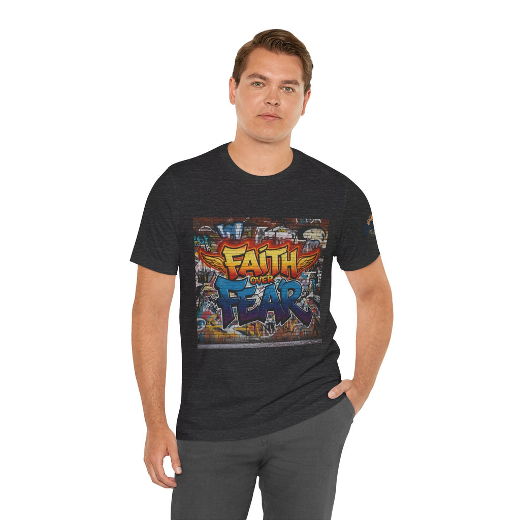 Faith Over Fear T-shirt – Graffiti Wall Christian T-shirt for Bold 2 Corinthians 5:7 Streetwear & Unshakable Faith Printify